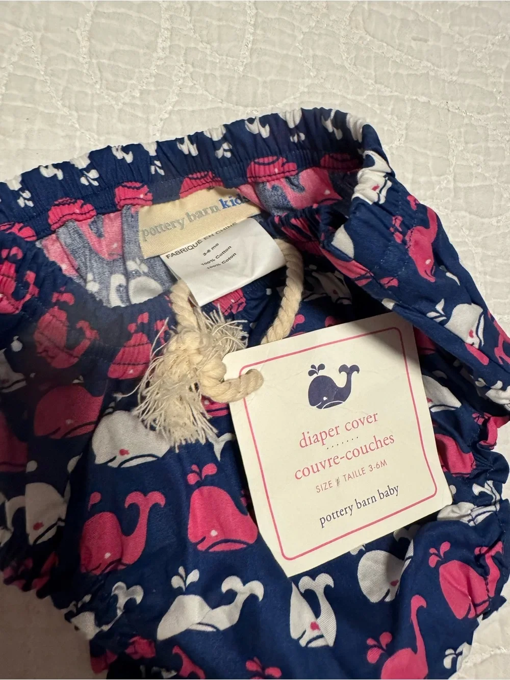 Pottery Barn Kids Navy Swim Diaper Cover with Pink & White Whale Print